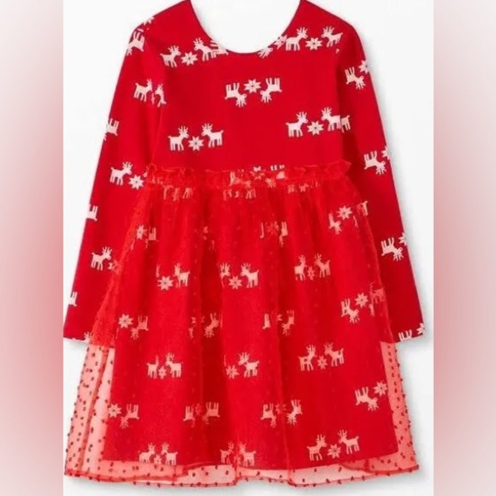 Hanna Andersson Red Reindeer Tulle Overlay Dress - size 3T